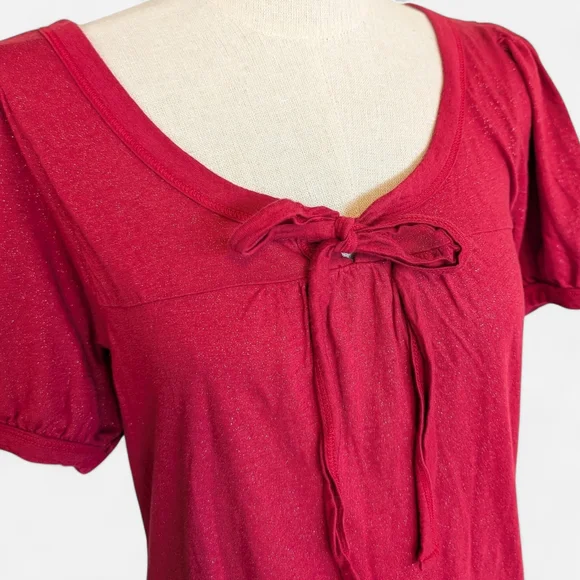 FANG Red Short Sleeve Metallic Tunic with Tie Neck Short Puff Sleeves BOHO Vamp - Picture 4 of 10